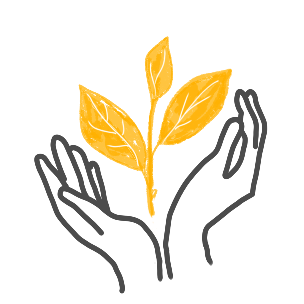 Deux mains en coupe font jaillir une plante symbolisant les soins manuels et les soins par les plantes